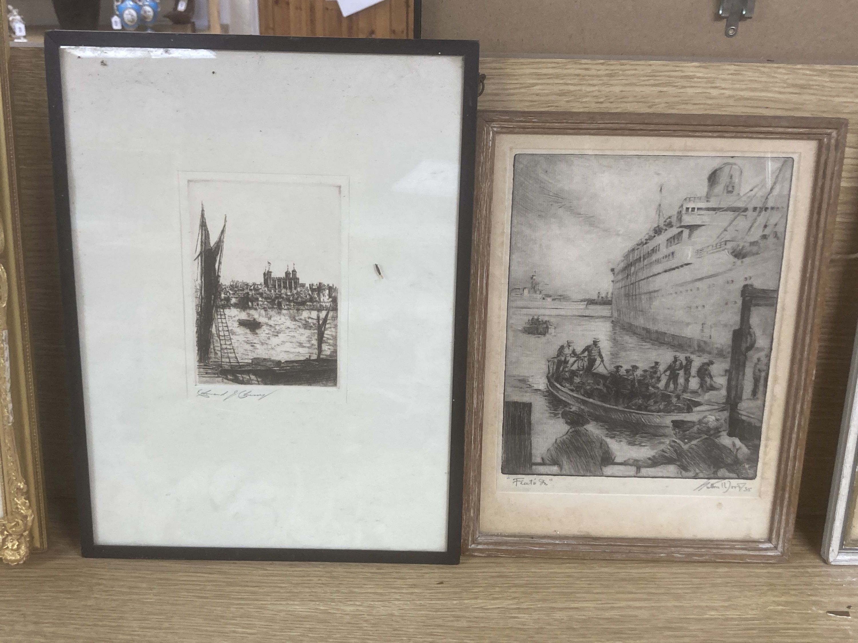 Edward J. Cherry, etching, Tower of London, 14 x 10cm, and another etching, Fleets Inn by Sutton Wood, 23 x 18cm